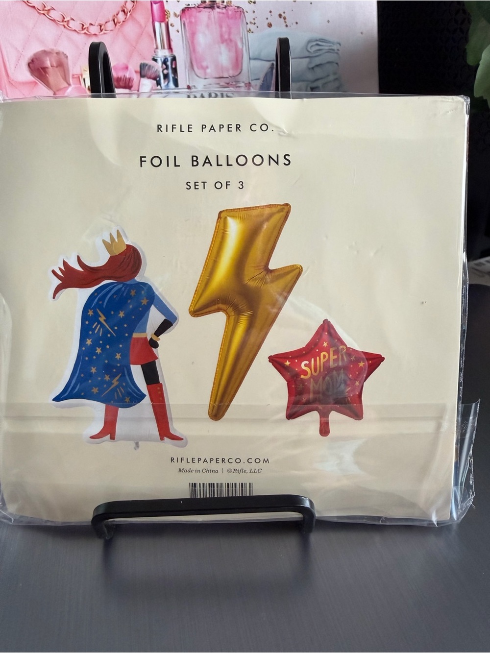 Rifle Paper Co. Foil Balloon Trio in Blue, Gold, Red with weight and ribbon